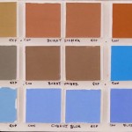 Square paint chips in various R&F Handmade Paints colors testing the longevity of pigments using a lightfastness rating scale