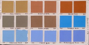 Square paint chips in various R&F Handmade Paints colors testing the longevity of pigments using a lightfastness rating scale