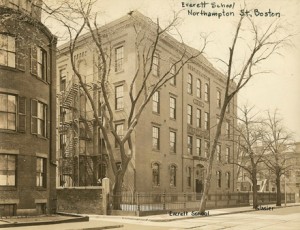 A vintage photograph of the Everett School in Boston, MA