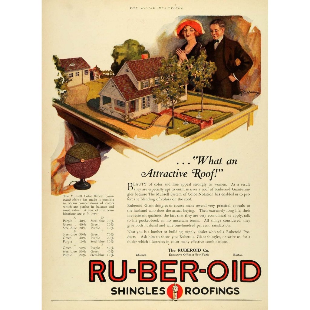 vintage advertisement for ruberoid shingles & roofing