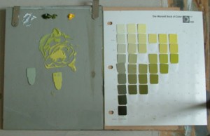 Oil paints mixed using Munsell color chart