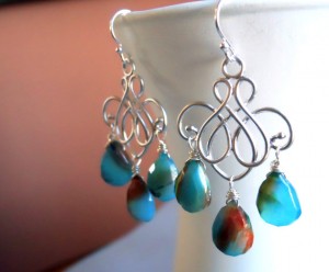 Sueanne Shirzay Blue and Brown Opal Chalcedony chandelier earrings 