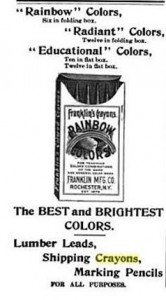 An old ad for Franklin Manufacturing Company's flagship crayon lines, the Franklin Rainbow Colors Box (American Stationer Vol 38), circa 1895.