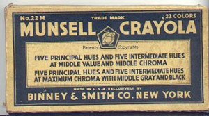 The label from a box of Munsell Crayola crayons, No. 22M with 22 colors.