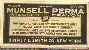 The label from a box of Munsell Perma Pressed crayons, No. 220M with 22 colors.