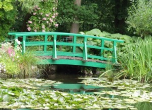 Bright green colors on the bridge at Giverny Monet's Garden.