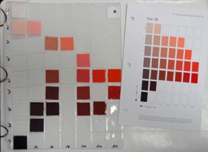 Quilter Maria Elkins' Munsell chart next to her learning exercise of replicating the color scales using fabric swatches.