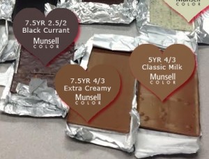 Selection of chocolate bars next to a Munsell color chart with their color notation specified.