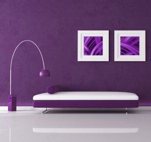 purple minimal interior with velvet sofa and lamp.