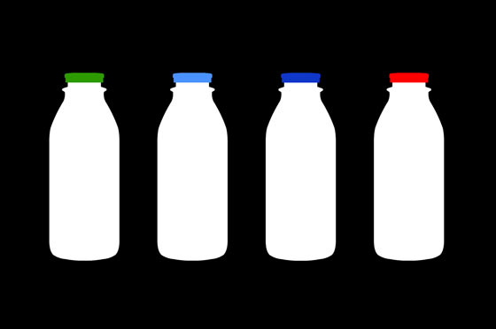 Four milk jugs with different color lids are signs that mean different percentage of fat