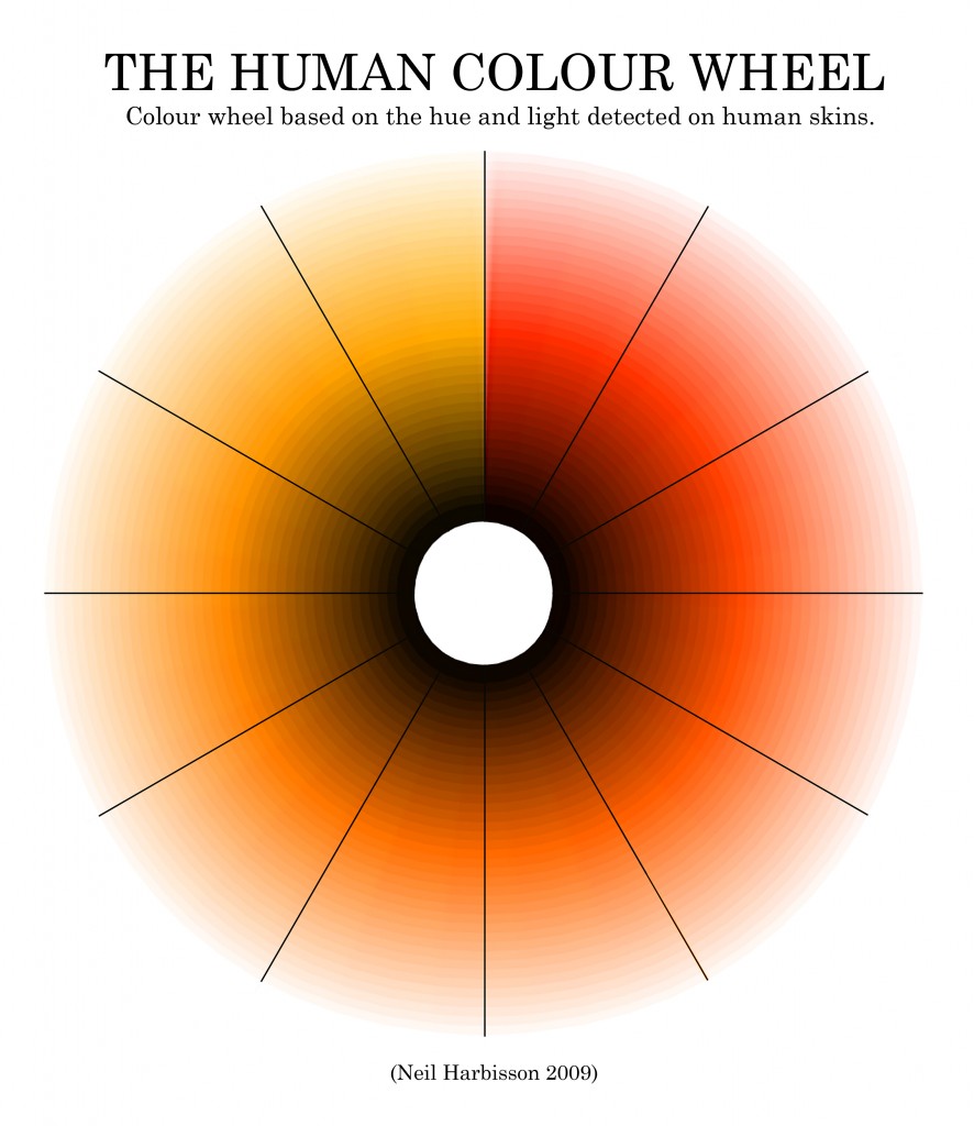 Neil Harbisson's work, The Human Colour Wheel, based on the hue and light detected on human skins.