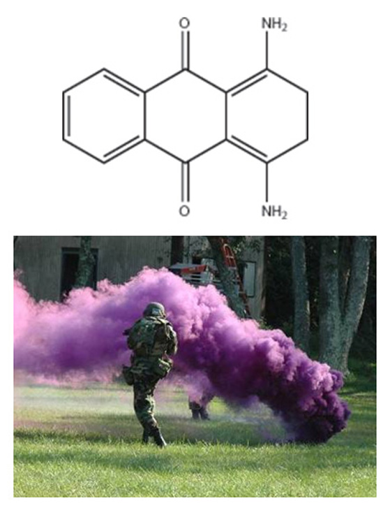 A soldier in front of a plume of purple smoke in a field along with the composition of the purple dye