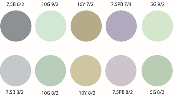 Two rows showing 10 circles of various colors with Munsell codes indicated