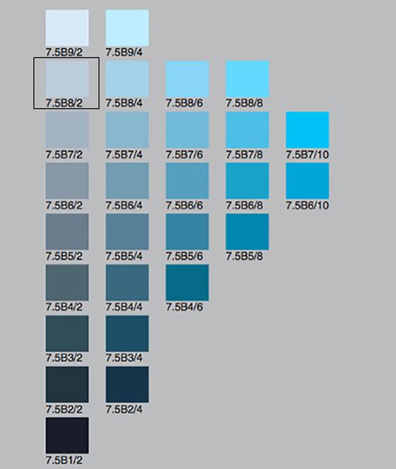 A Munsell color chart with rows of blue chips in various colors