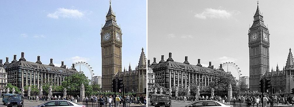 Two images of the city of London, one with color and one in greyscale.