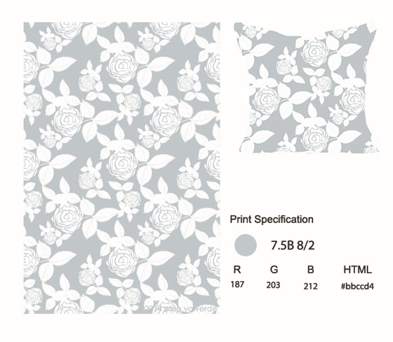 A color specification for a pillow with gray and white flower pattern