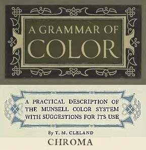 Illustrations from the 1921 book, "A Grammar of Color", showing the book title and chapter heading, "A Practical Description of the Munsell Color System with Suggestions for Its Use, By T.M. Cleland", Chroma section.