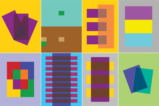 8 panels of Albers Interaction of Color showing complimentary and repeating patterns of color