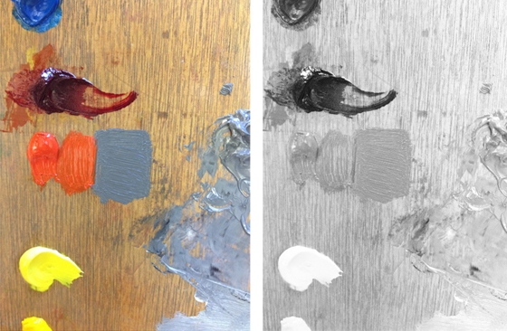 Side by side images of cadmium red light paint next to gray colors. Shown in color, then desaturated to see if values are about the same.