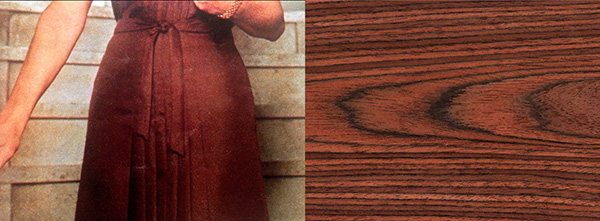 Two images side by side - a women in a brown dress and a close up of wood grain