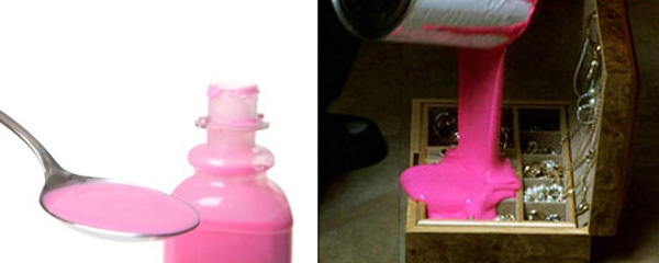 Two images side by side - bottle and spoon with pink liquid and pink poured into jewelry box