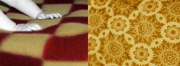 Two images side by side - one of a childs hands on a yellow and red blanket and a yellow pattern