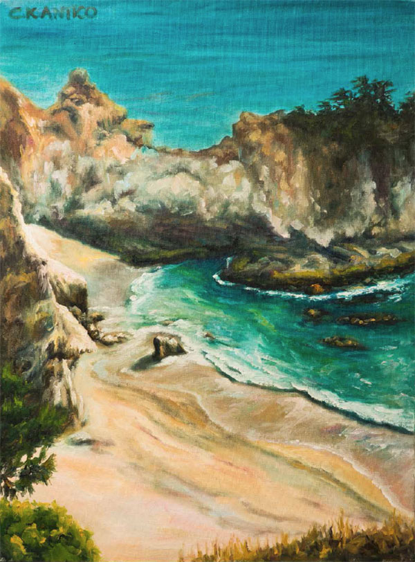 A painting of a beach with beautiful green and blue water