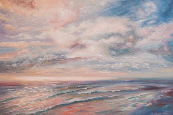 Water and sky in pinks, blues and whites: a painting by Concetta Antico 