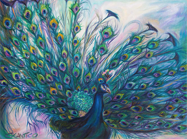 A painting of a bright and colorful peacock by Concetta Antico