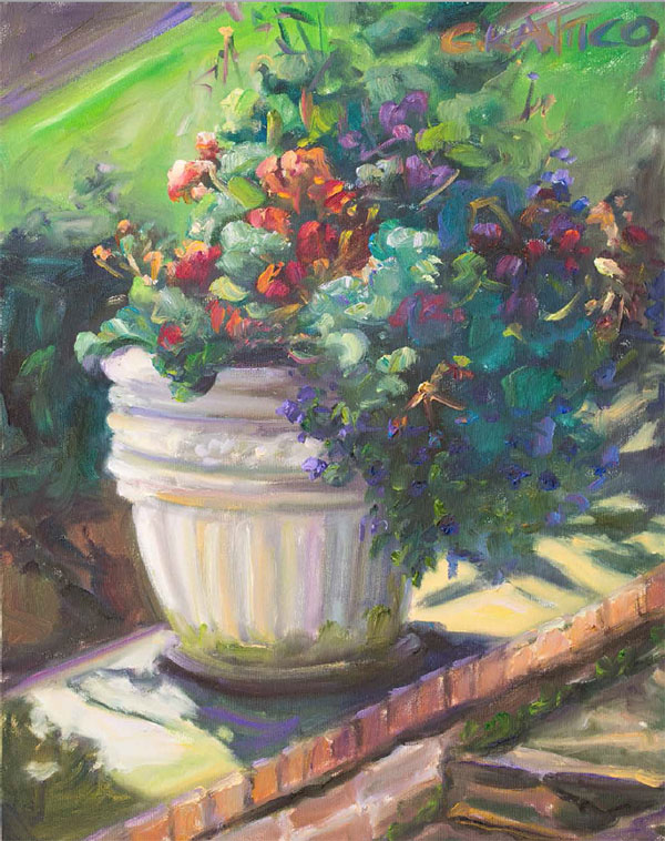 A painting by tetrachromat Concetta Antico featuring a white flower pot with beautiful purple and orange flowers