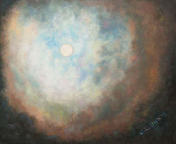 A painting of the moon showing many colors by tetrachromat artist Concetta Antico