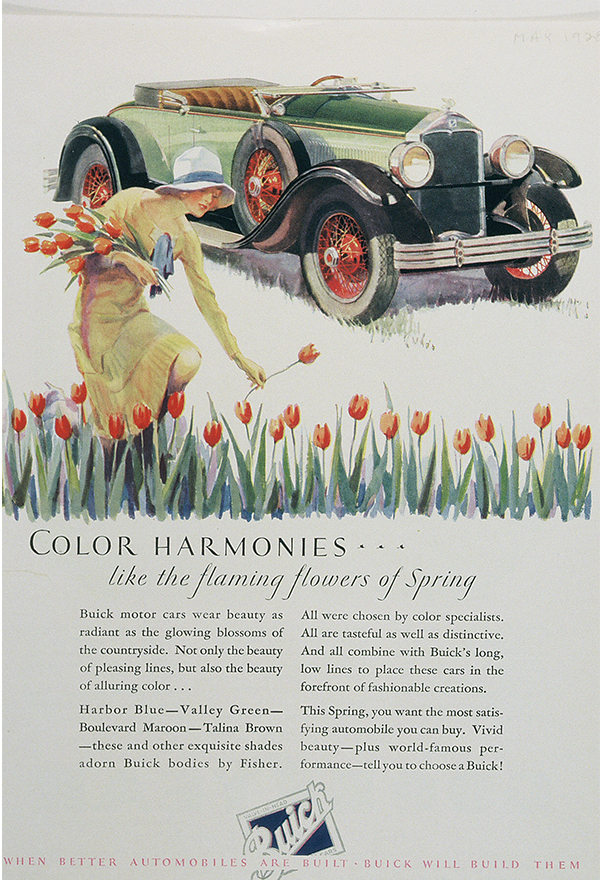 An advertisement showing color harmonies with a women in a see of flowers with a car in the background