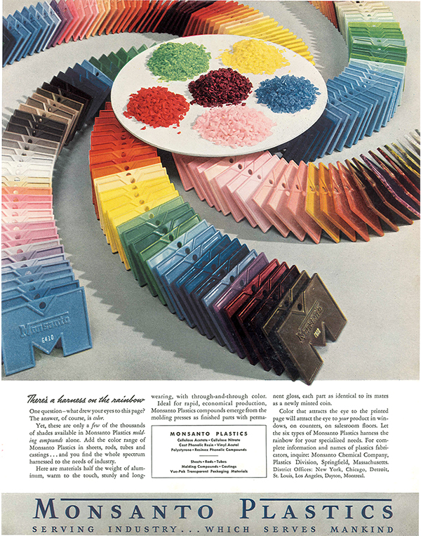 An excerpt from a magazine showing Monsanto plastics in an array of colors