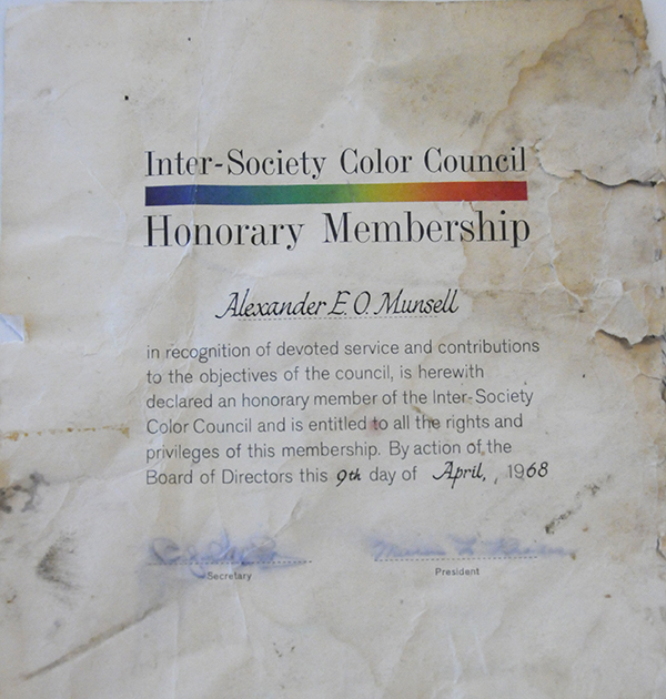 A certificate from the Inter-Society Color Council honoring Alexander E.O. Munsell