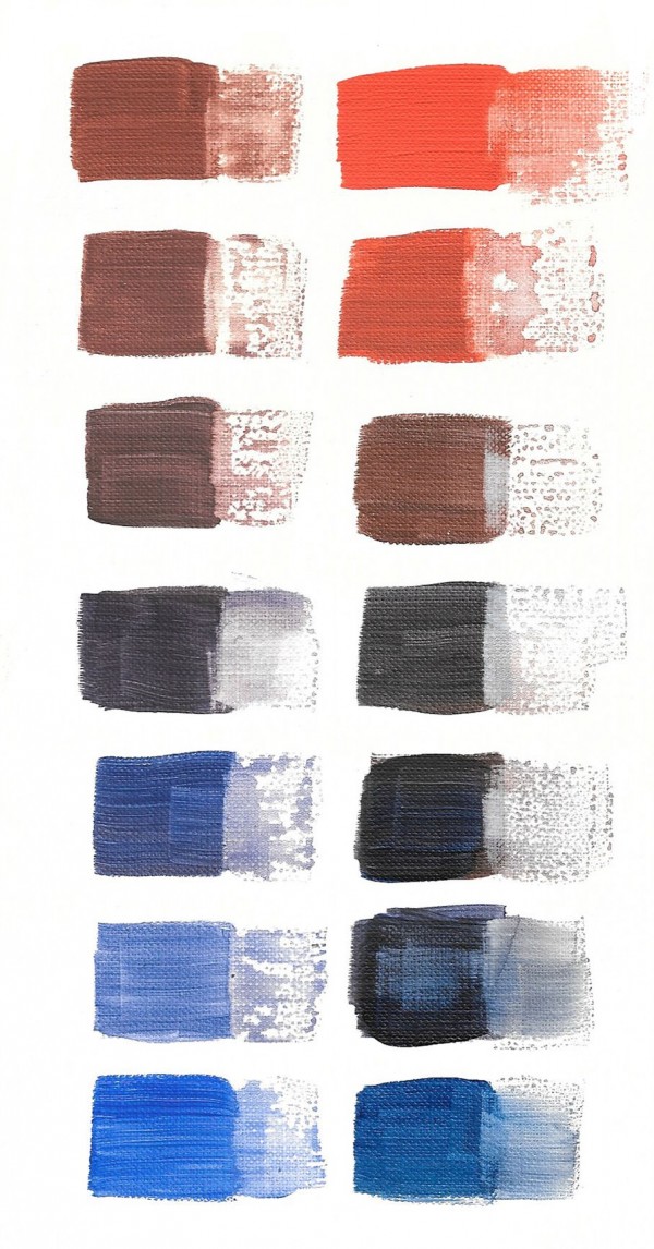 Blue and orange chromatic color scales painted on paper