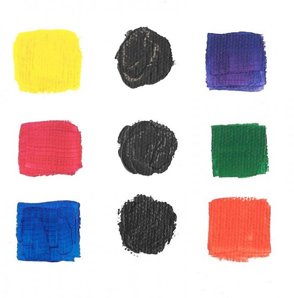 Complimentary colors painted on paper with their mix in the center