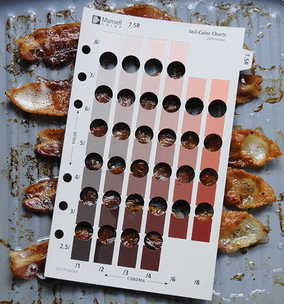 Crispy bacon in a pan with Munsell color chart
