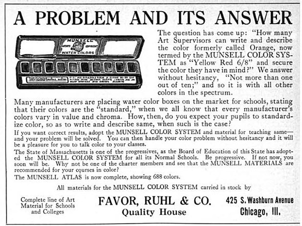 An advertisement from Favor and Ruhl for the Munsell Water Colors in the School Arts Magazine 
