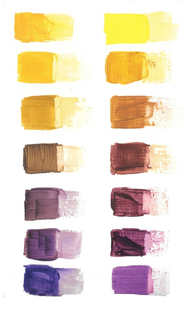 Yellow and purple chromatic color scales painted on paper