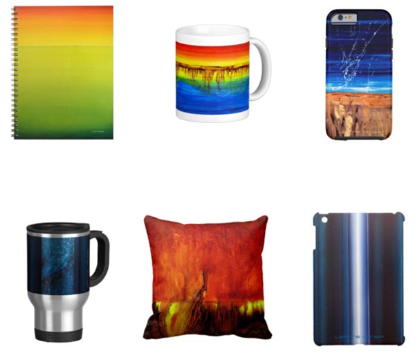 Printed art products by Leanne Venier including notebook, mugs, cell phone covers and pillow 