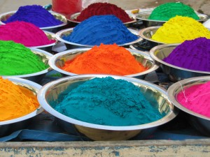 Bowls of brightly colored chalk.