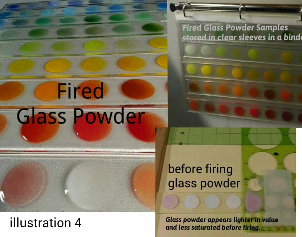 Fired glass powder samples, showing how glass powder appears lighter in value and less saturated before firing.