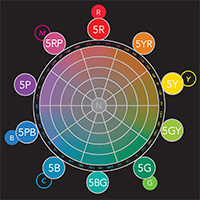 A diagram of the Munsell hue circle showing principal and intermediate colors