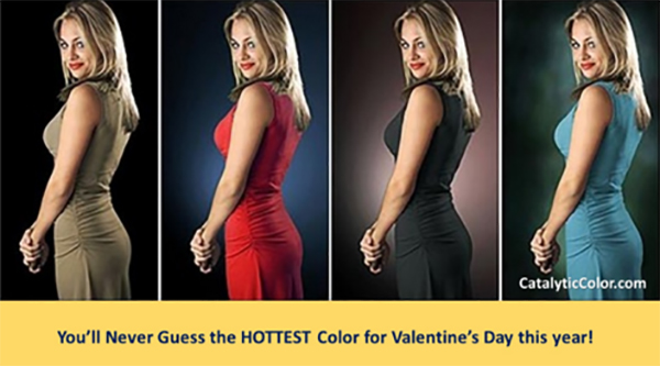 A woman in 4 different dress colors shows how red is the most energizing