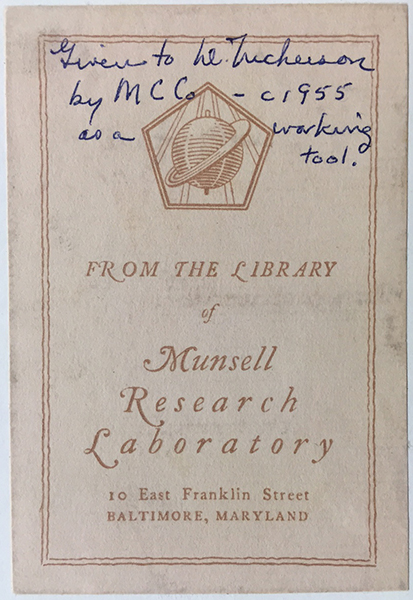 A cover sheet for a book from the Munsell Research Library