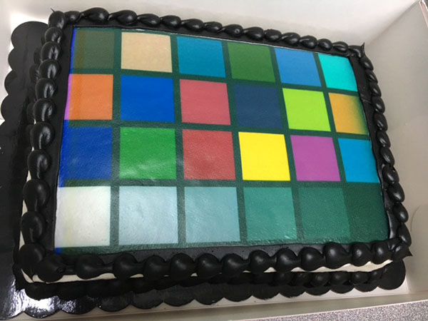 A birthday cake with a ColorChecker chart recreated using food coloring on top