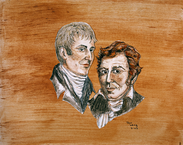 A painting of Lewis & Clark by Janis Lang using soil colors to create pigments from the trail