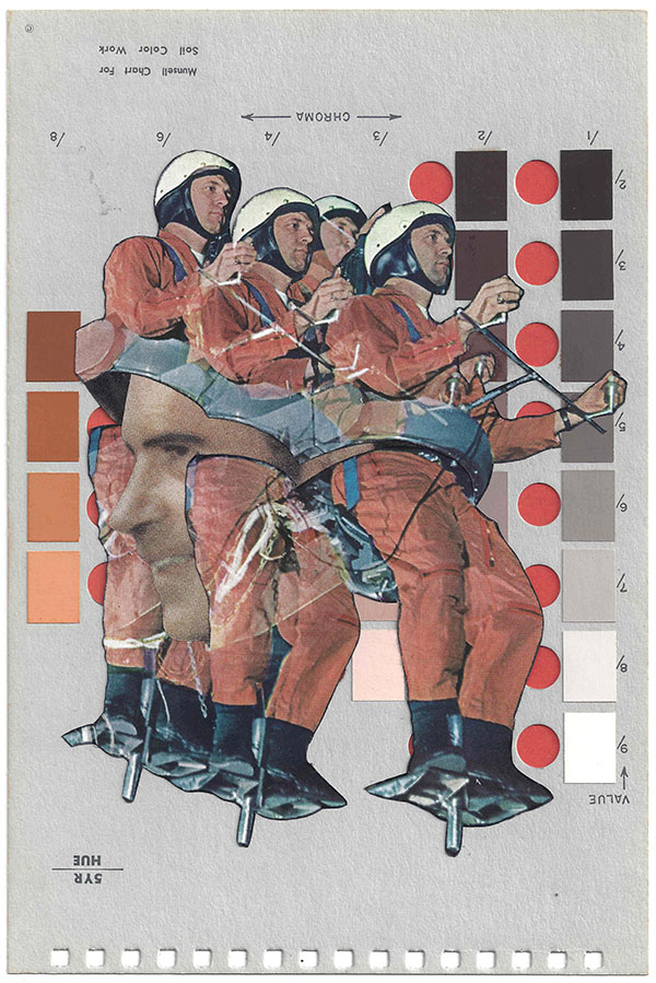 A collage by Chad Yenney featuring a Munsell color chart and men in parachutes