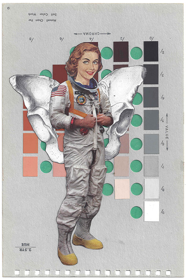 A collage by Chad Yenney featuring a Munsell color chart and a woman astronaut standing in front of a skull