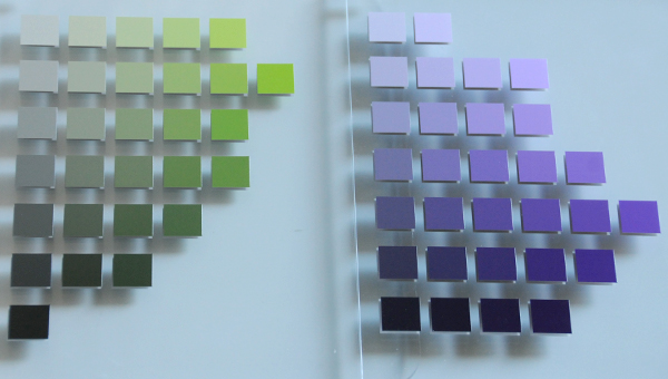 A Munsell green-yellow and purple color chart side by side for comparison